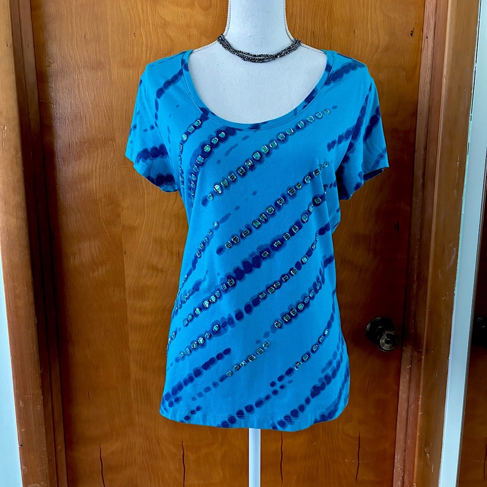 Laura Ashley turquoise Tie-Dye Sequined scoop neck Top